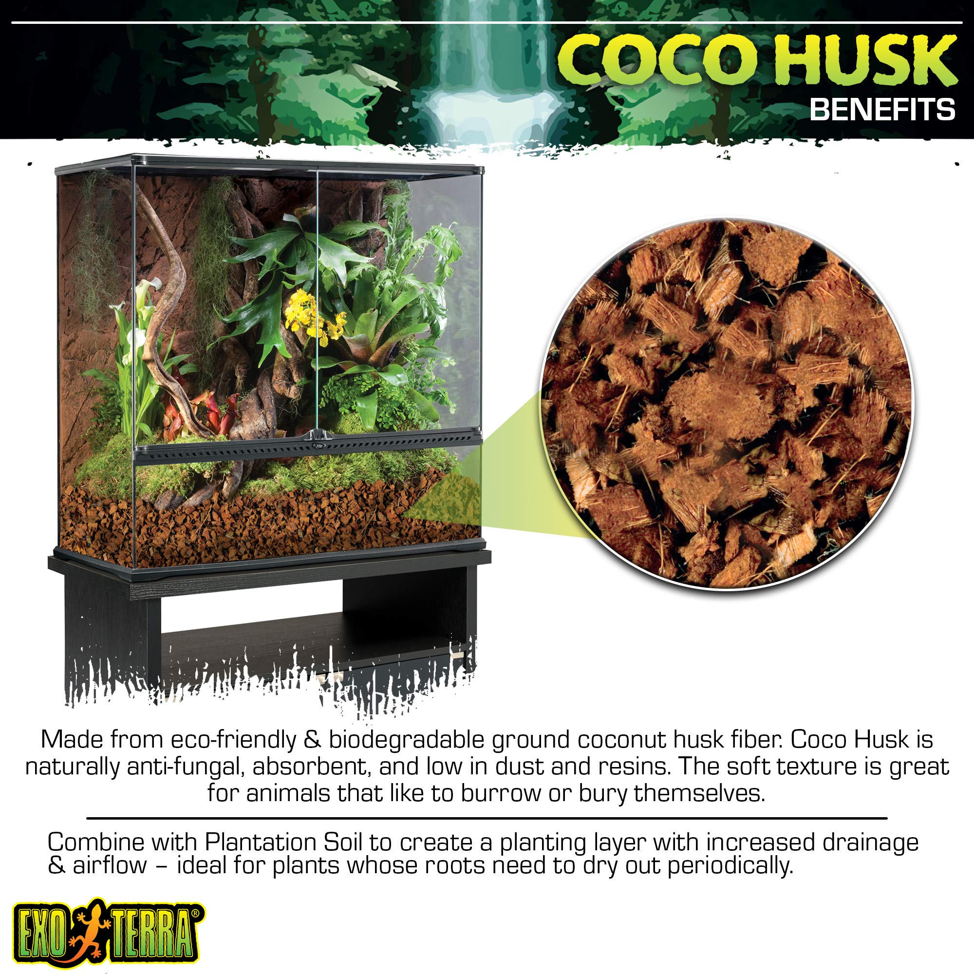 Exo Terra Coco Husk, 8 QT (8.8 L) – Coconut Fiber Reptile Bedding for Tropical Terrariums, Humidity-Holding Coco Fiber Substrate for Amphibians & Invertebrates - Image 3