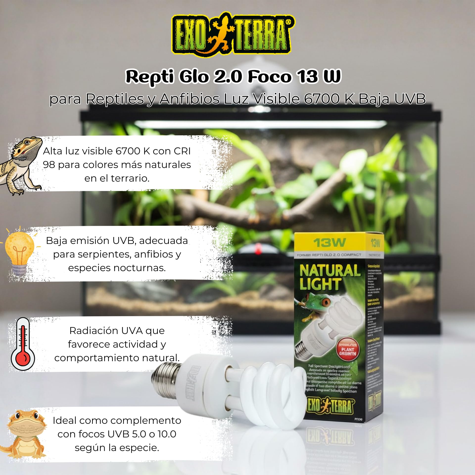 Exo Terra Repti-Glo 2.0 Compact Fluorescent Full Spectrum Terrarium Lamp, 13-Watt (Natural Light) - Image 7